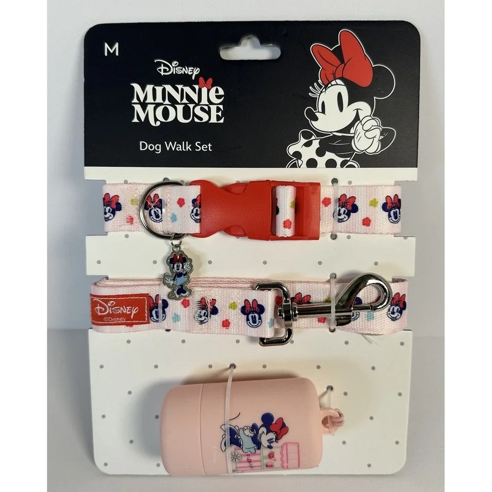 Disney Minnie Mouse Dog Collar Leash Set Pink Waste Bag Holder NWT